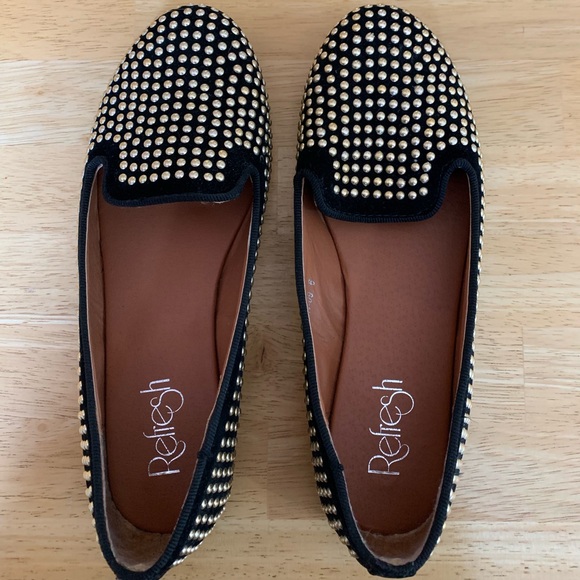 Refresh Shoes - Black and gold studded ballet flats